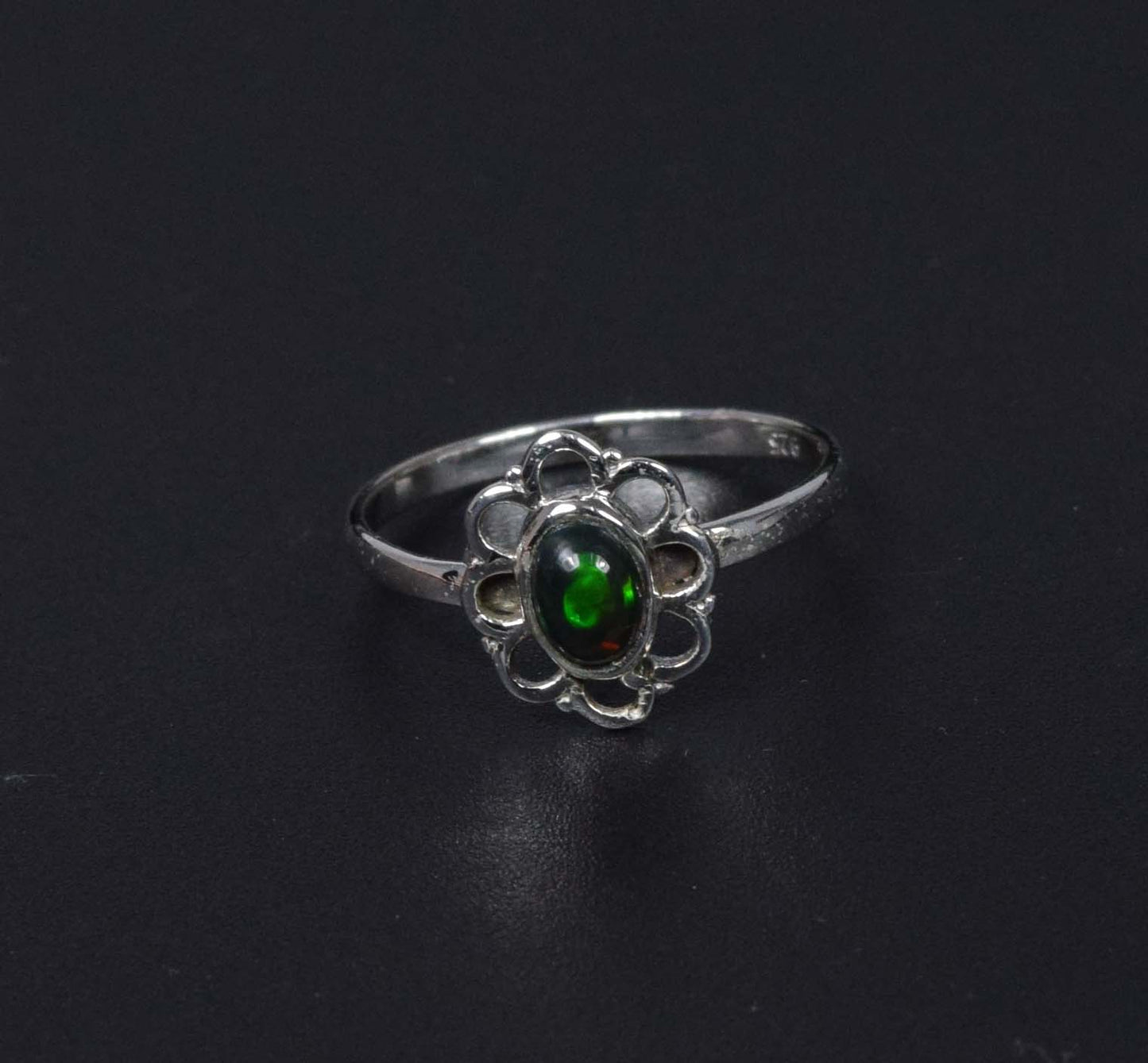 925 Solid Sterling Silver Natural Black Ethiopian Opal Flower Style Ring - 1.5 Grams