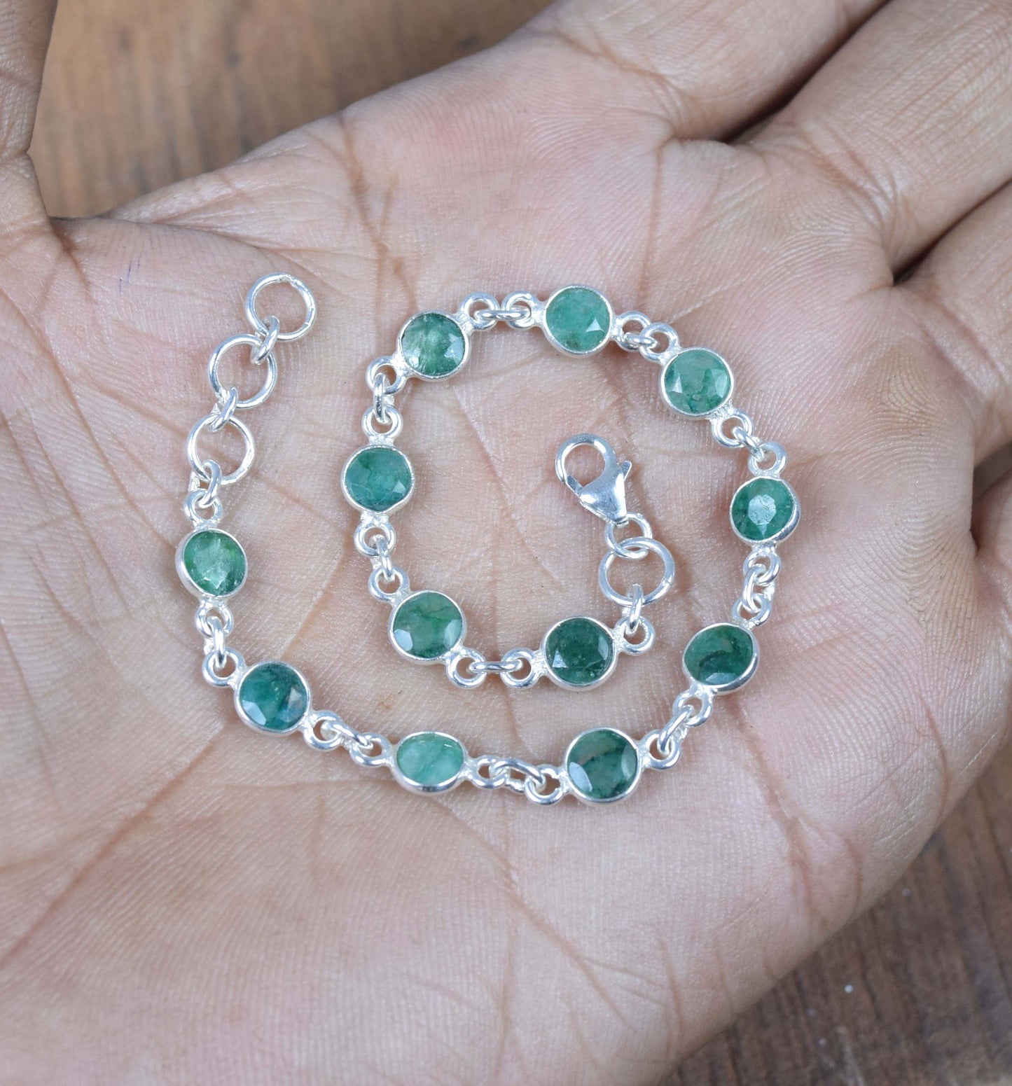 925 Solid Sterling Silver Cut Simulated Emerald HANDMADE BRACELET-7.5 Inch
