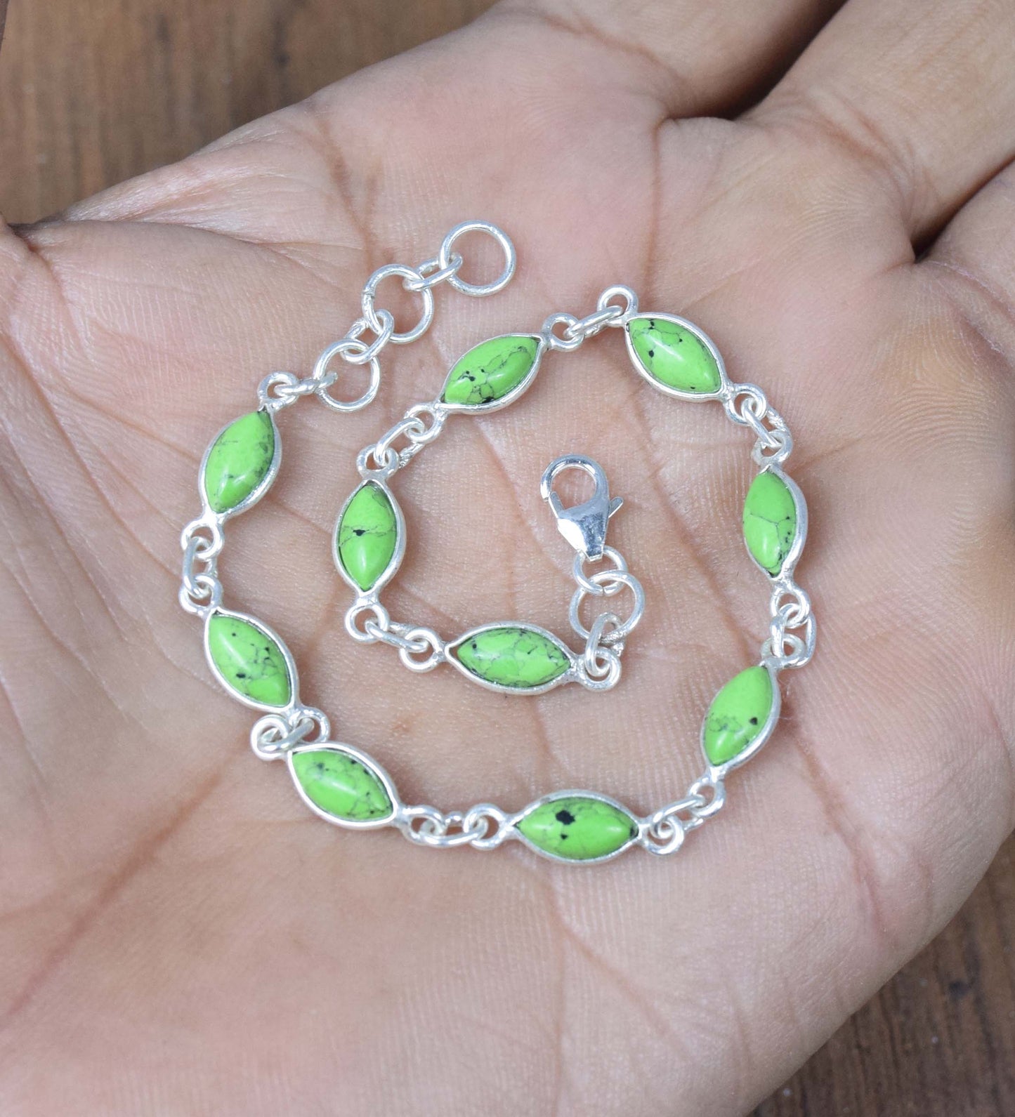 925 Solid Sterling Silver Green Turquoise HANDMADE BRACELET-8 Inch