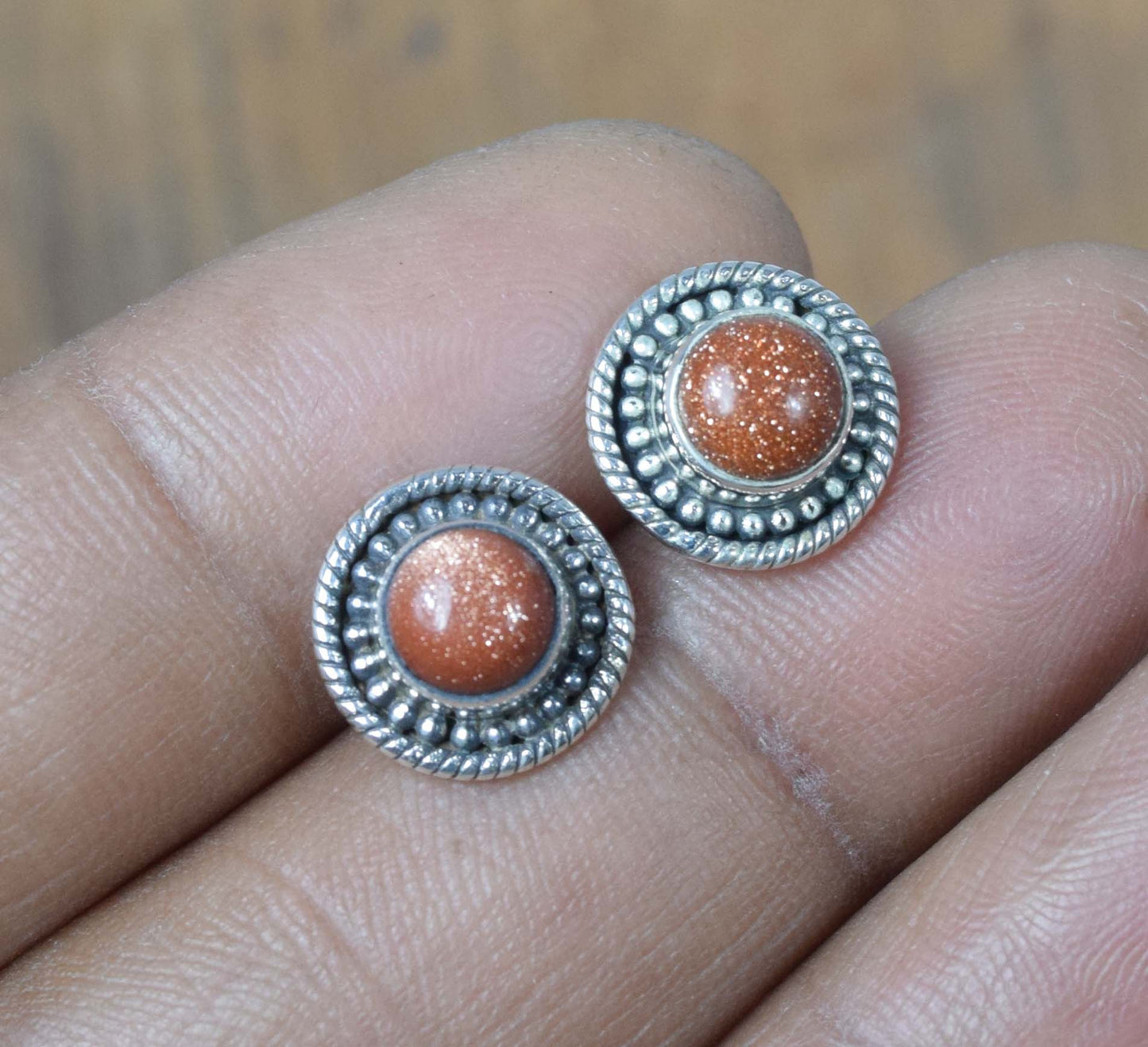 925 Solid Sterling Silver Red Sunstone Stud