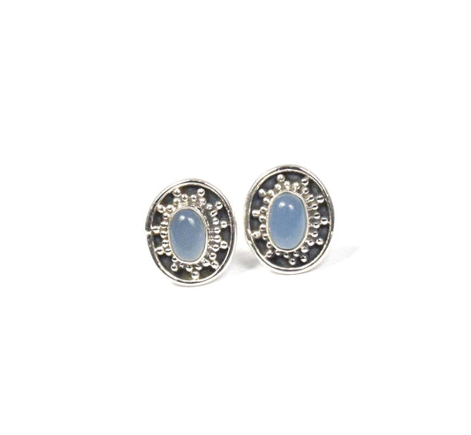 925 Solid Sterling Silver Blue Chalcedony Stud