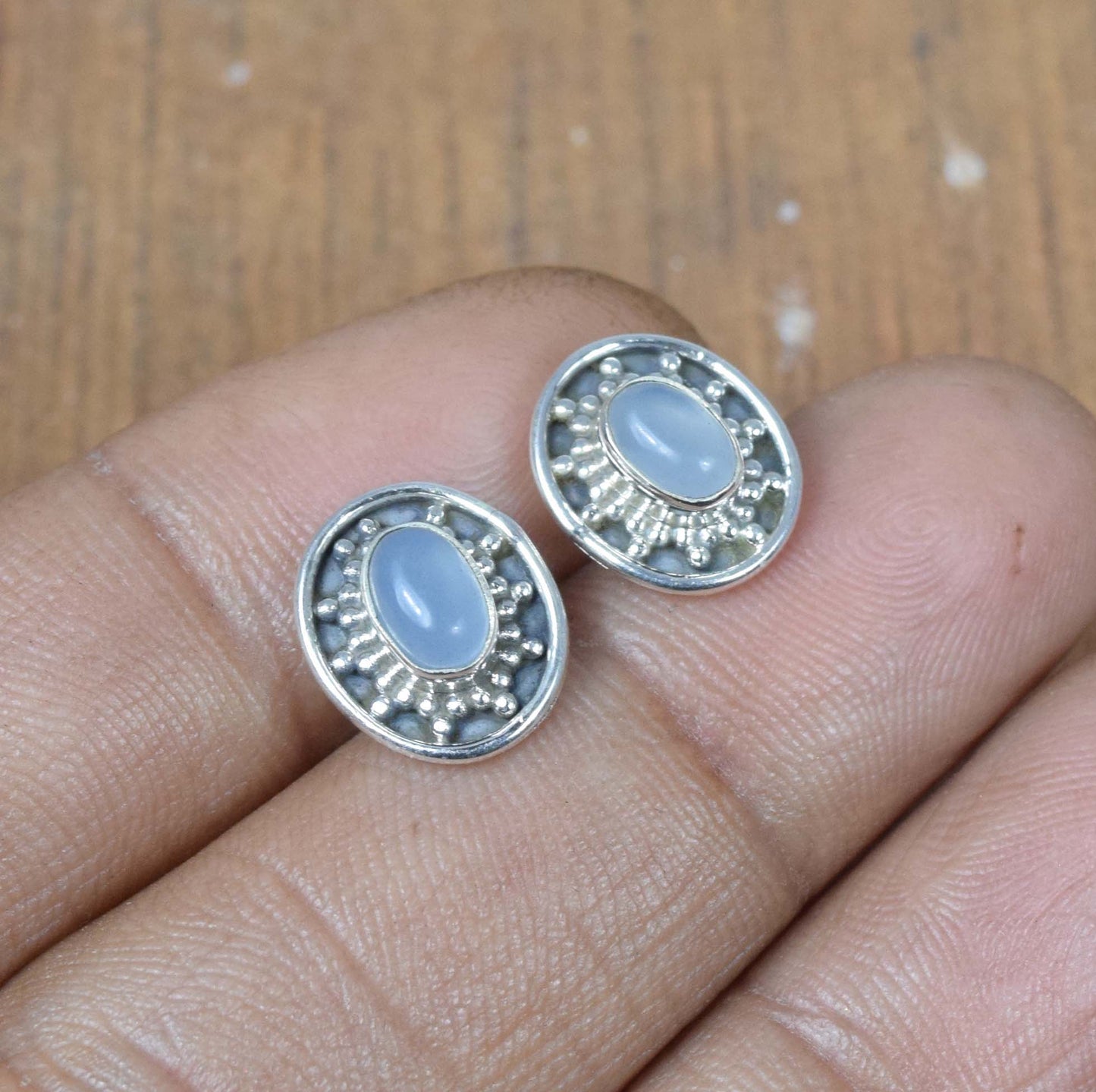 925 Solid Sterling Silver Blue Chalcedony Stud