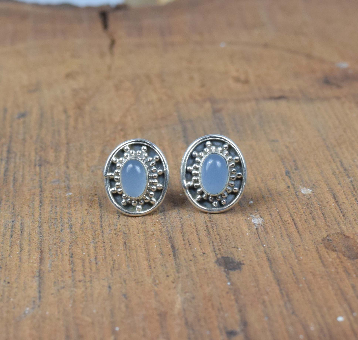 925 Solid Sterling Silver Blue Chalcedony Stud