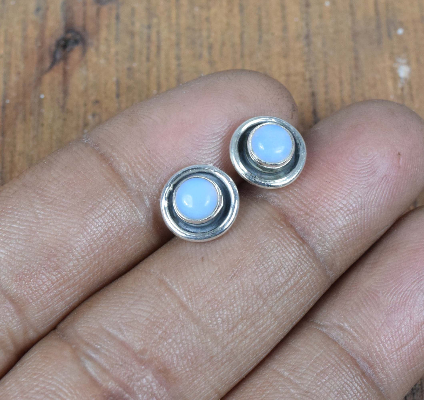 925 Solid Sterling Silver Milky Opalite Stud