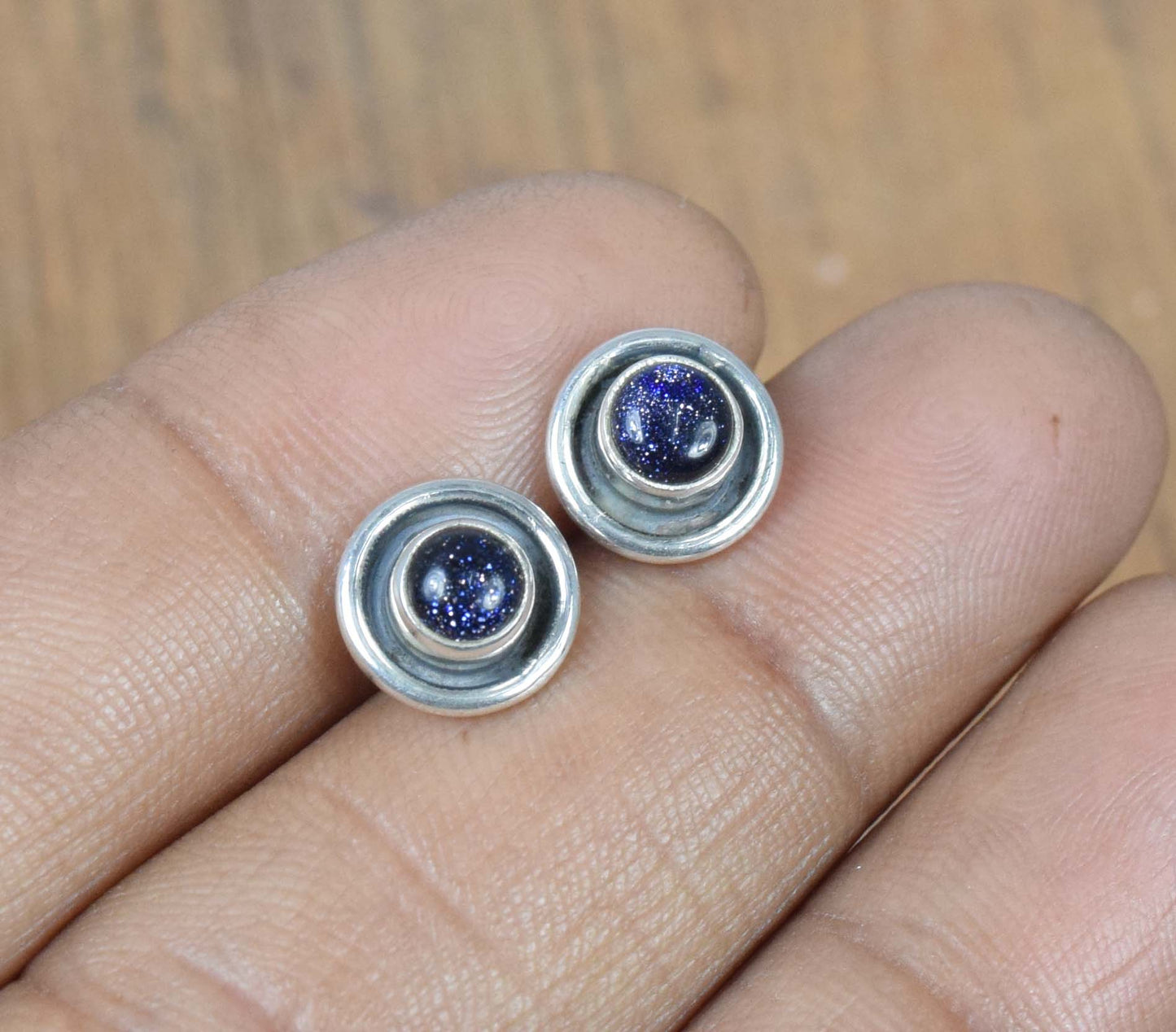 925 Solid Sterling Silver Blue Sunstone Stud