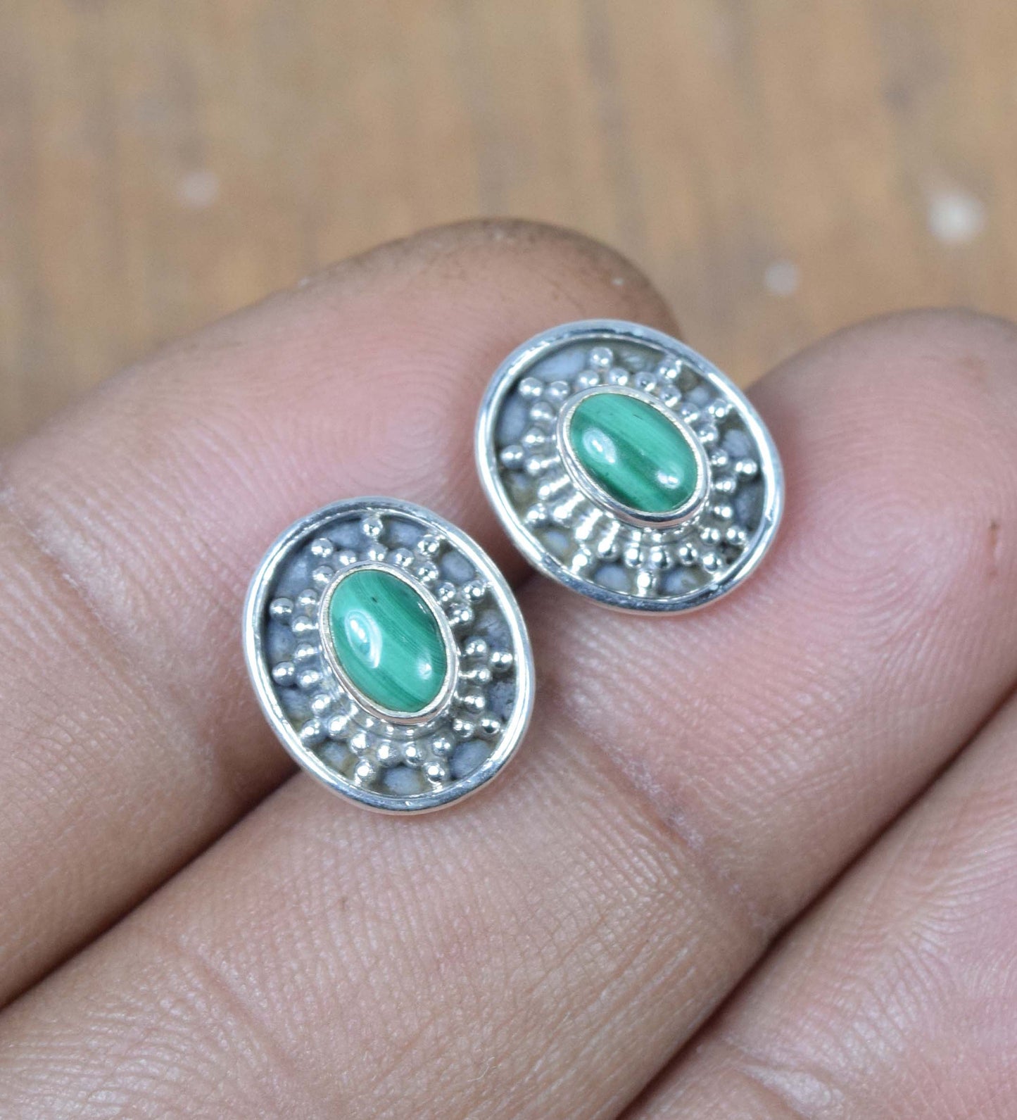 925 Solid Sterling Silver Green Malachite Stud
