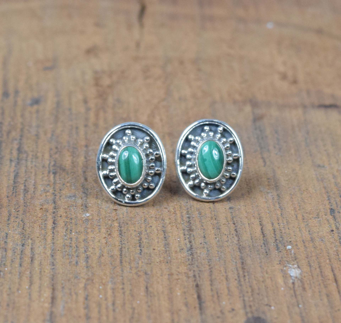 925 Solid Sterling Silver Green Malachite Stud