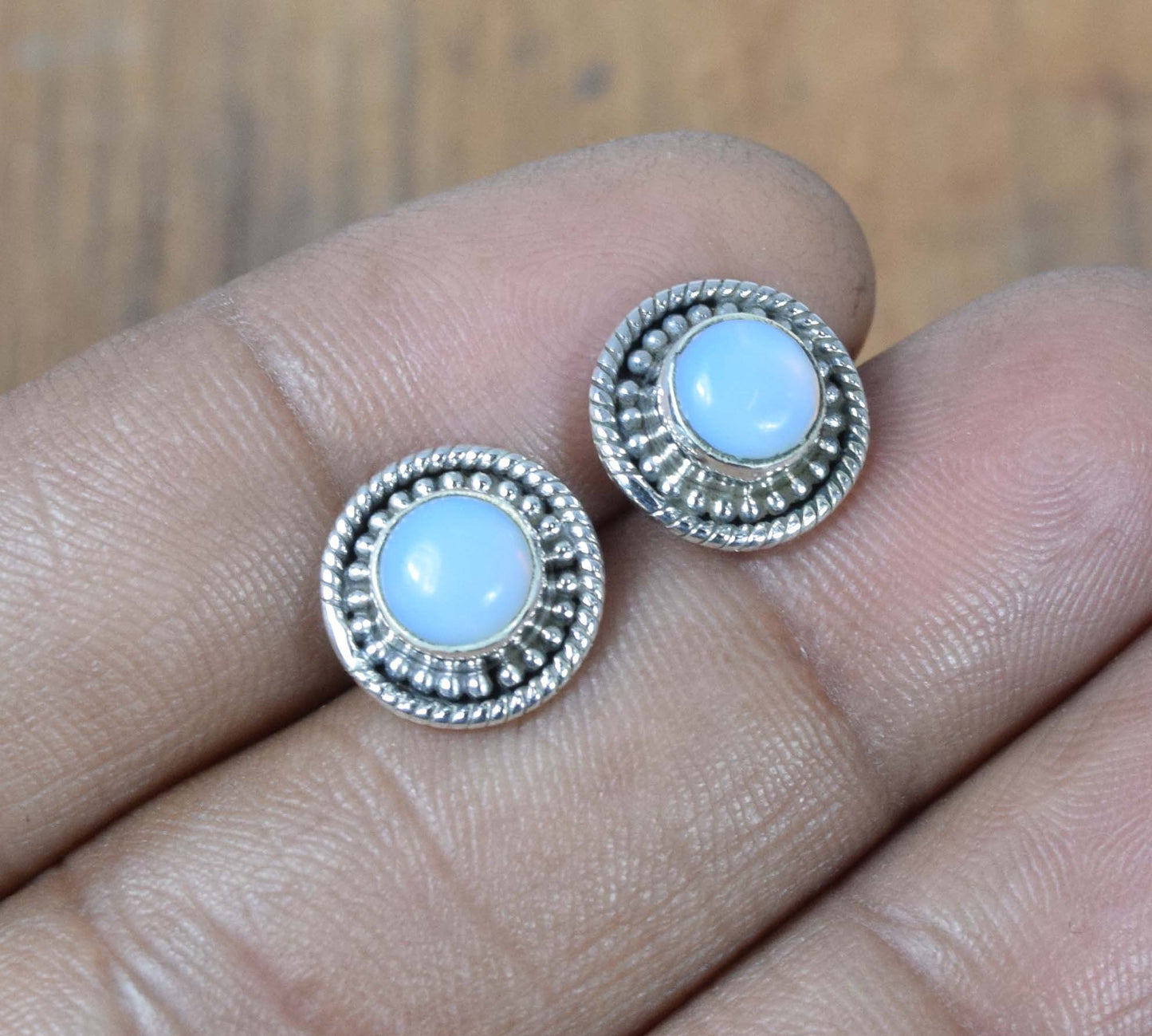 925 Solid Sterling Silver Milky Opalite Stud