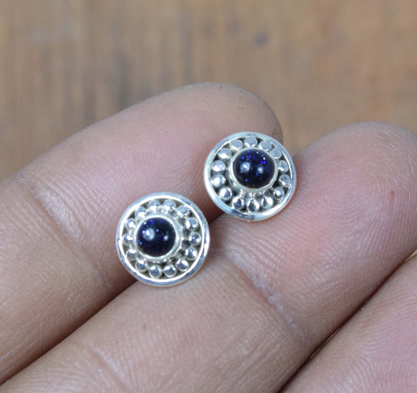 925 Solid Sterling Silver Blue Sunstone Stud