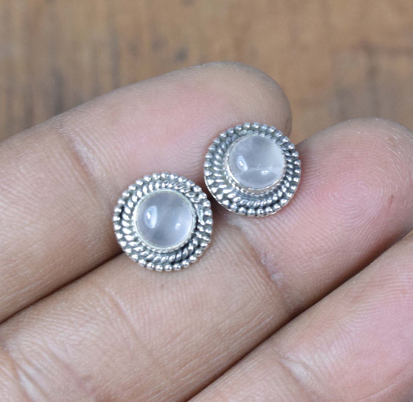 925 Solid Sterling Silver Pink Rose Quartz Stud
