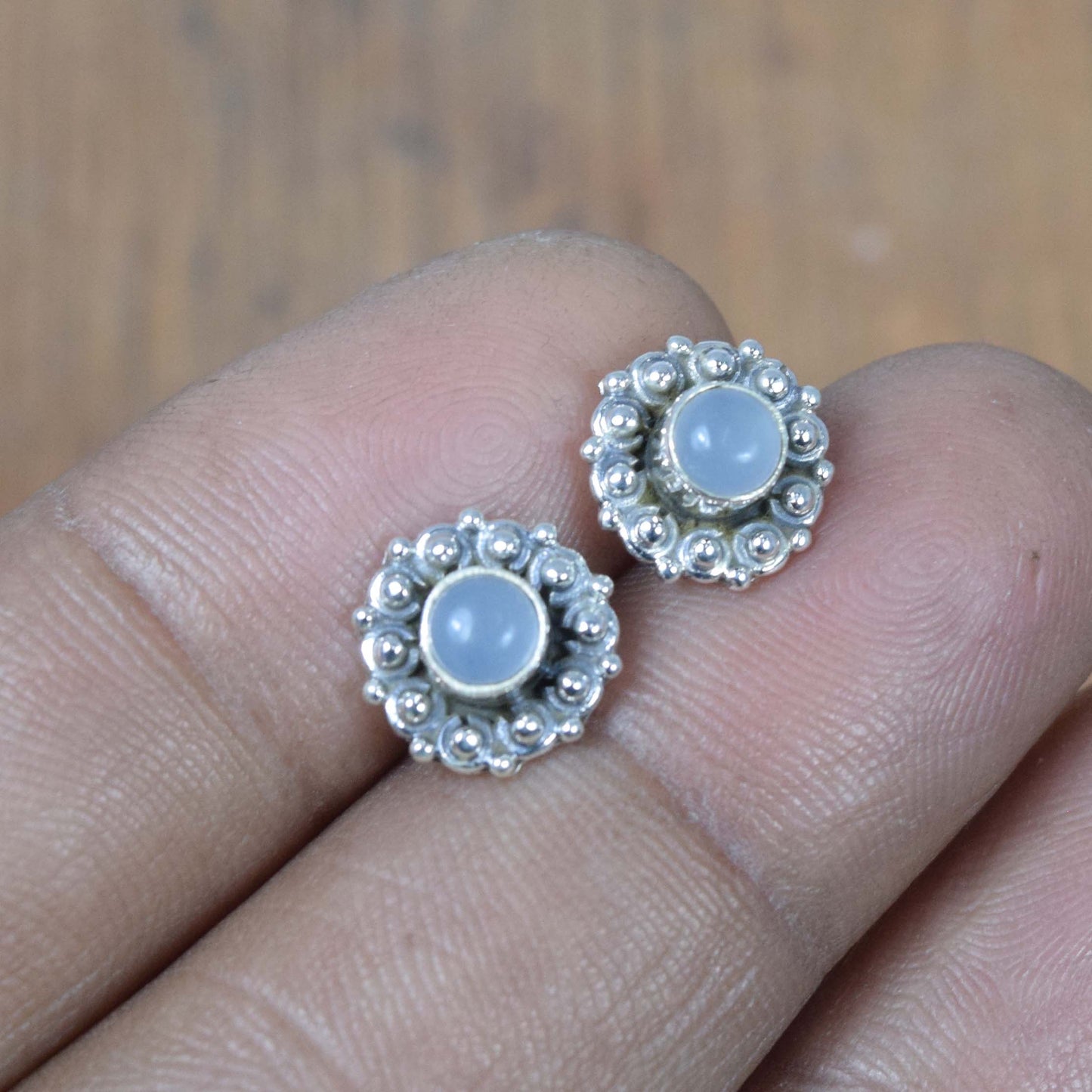 925 Solid Sterling Silver Blue Chalcedony Stud