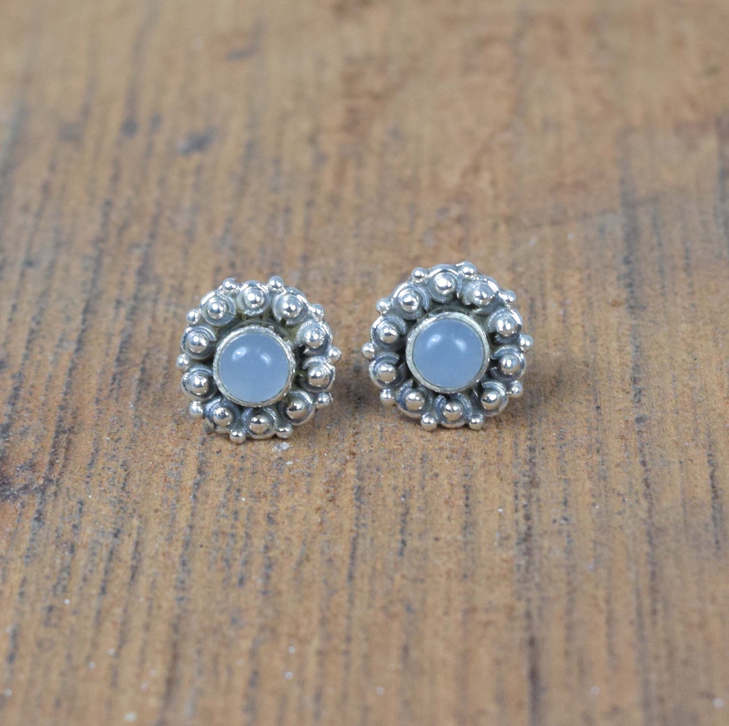 925 Solid Sterling Silver Blue Chalcedony Stud