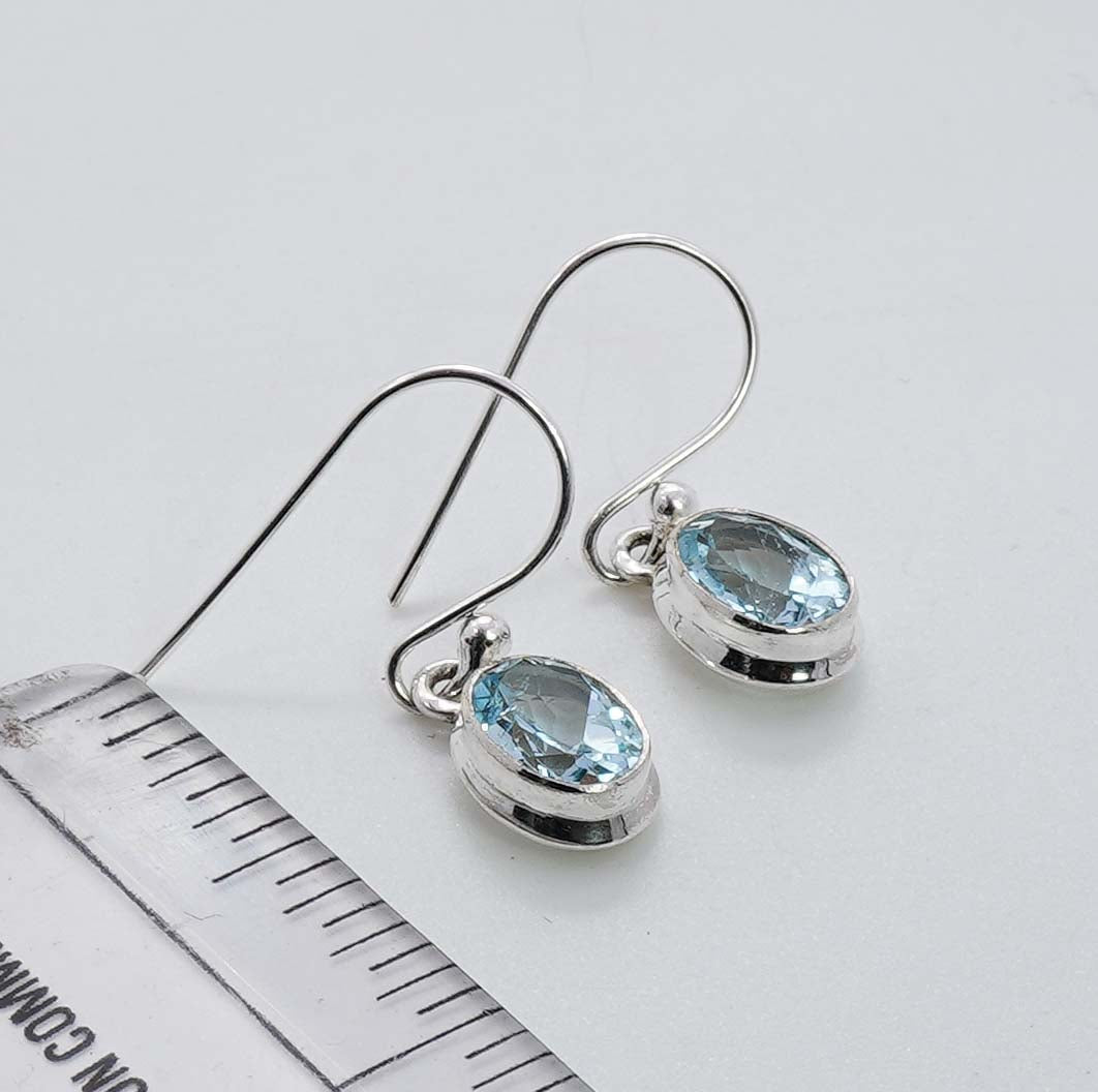 925 Solid Sterling Silver Faceted Blue Topaz Hook Earring - 3 Grams