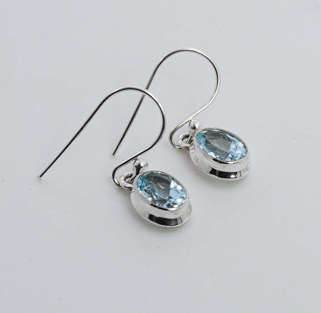 925 Solid Sterling Silver Faceted Blue Topaz Hook Earring - 3 Grams