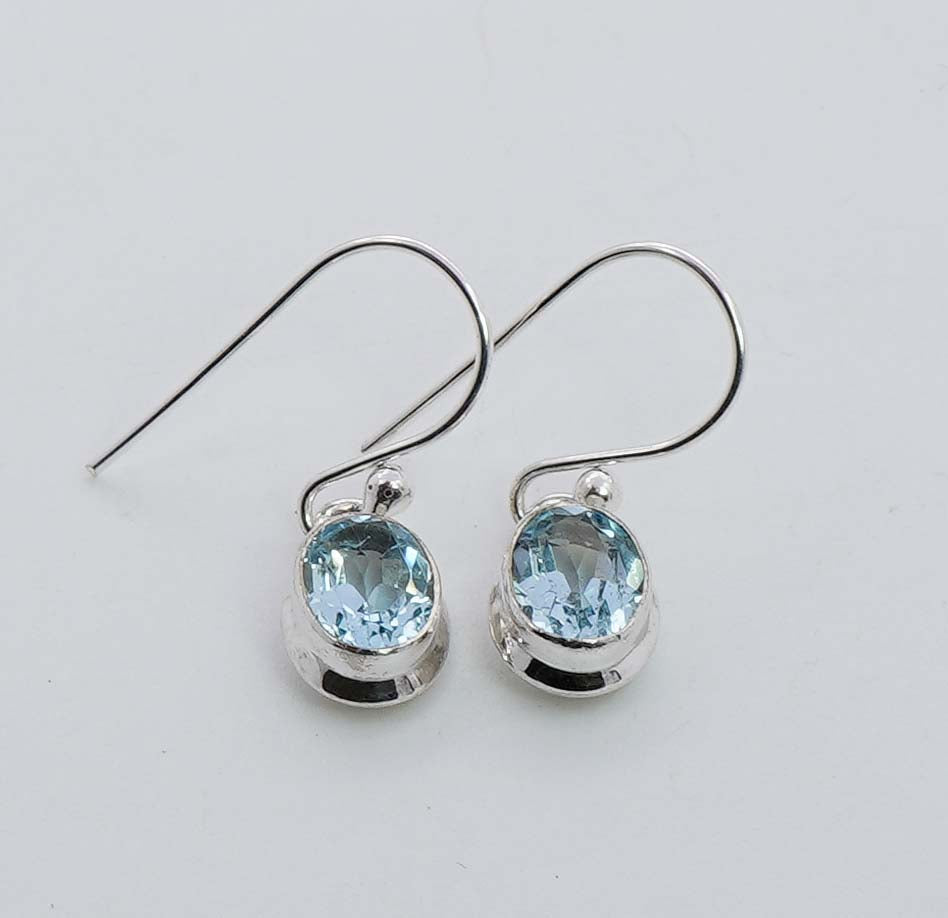 925 Solid Sterling Silver Faceted Blue Topaz Hook Earring - 3 Grams