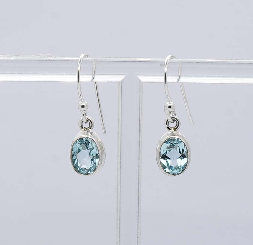 925 Solid Sterling Silver Faceted Blue Topaz Hook Earring - 3 Grams