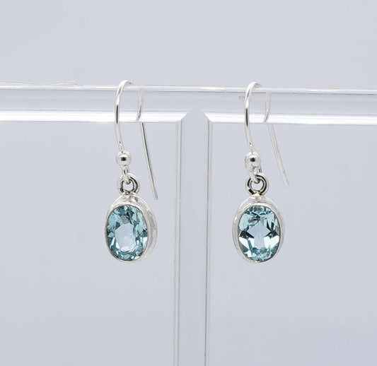 925 Solid Sterling Silver Faceted Blue Topaz Hook Earring - 3 Grams