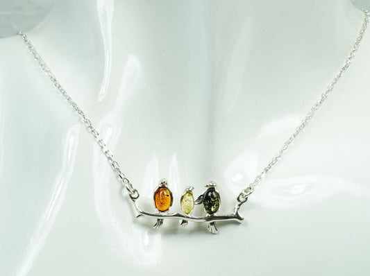 925 Solid Sterling Silver Natural Multi Baltic Amber Bird Style Chain Necklace - 4.4 Grams