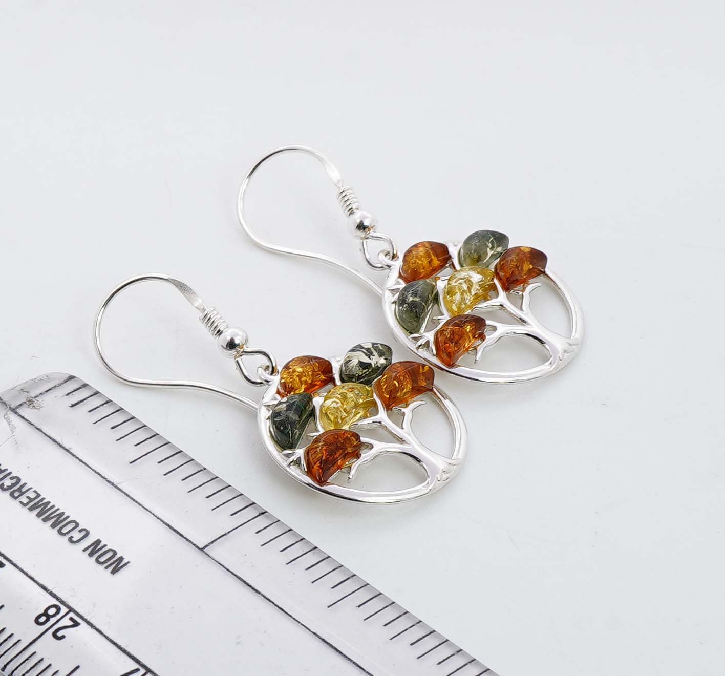 925 Solid Sterling Silver Natural Multi Baltic Amber Tree Of Life Hook Earring -4.6 Grams