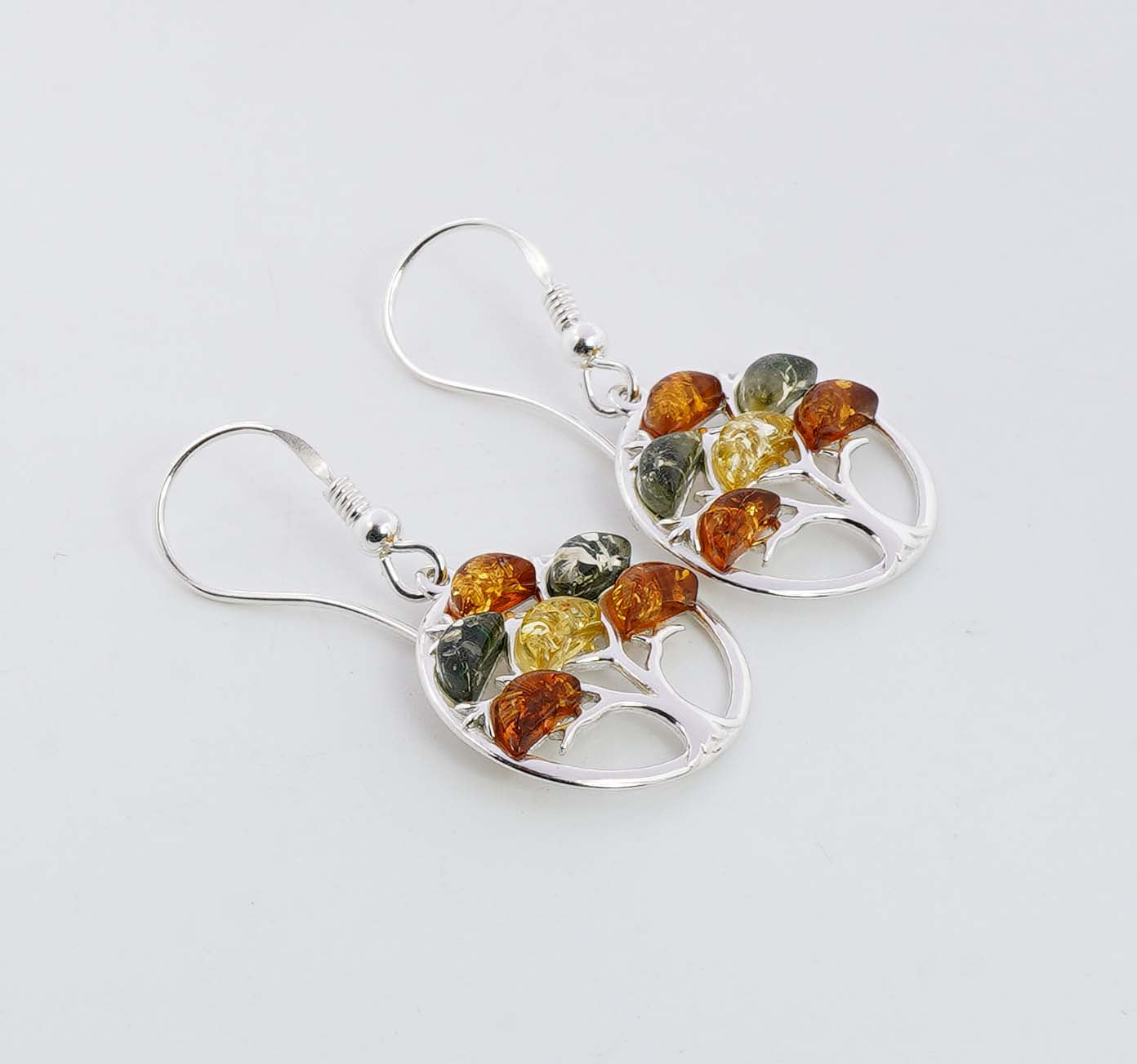 925 Solid Sterling Silver Natural Multi Baltic Amber Tree Of Life Hook Earring -4.6 Grams