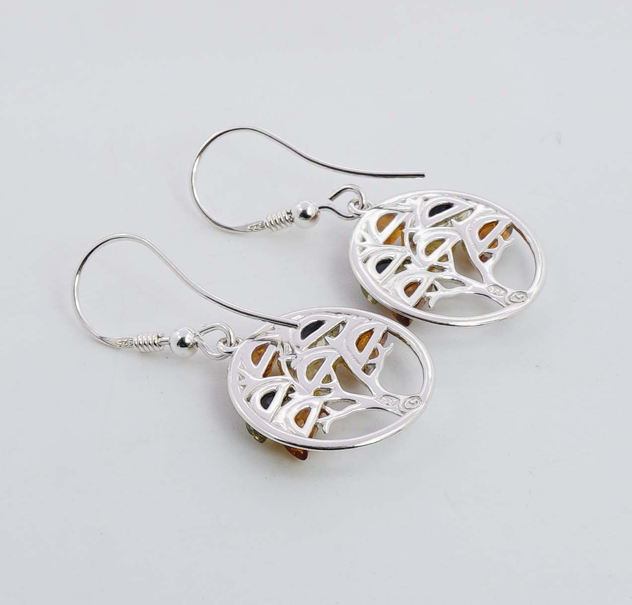 925 Solid Sterling Silver Natural Multi Baltic Amber Tree Of Life Hook Earring -4.6 Grams