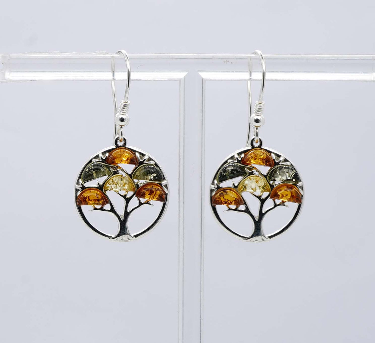 925 Solid Sterling Silver Natural Multi Baltic Amber Tree Of Life Hook Earring -4.6 Grams