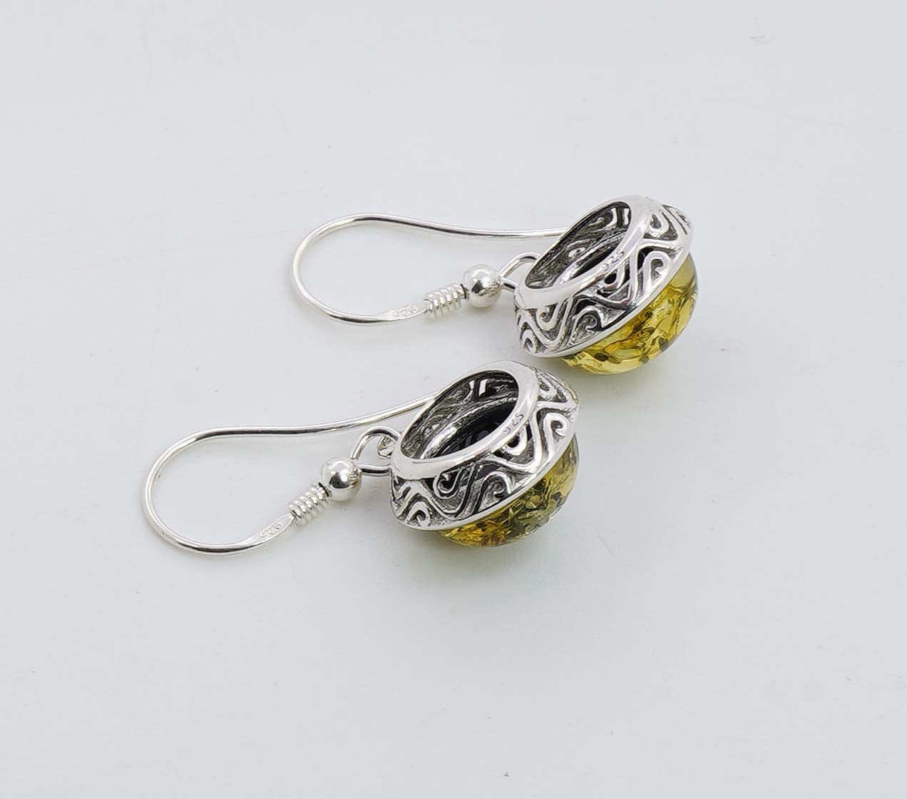 925 Solid Sterling Silver Natural Green Baltic Amber Hook Earring - 5.2 Grams