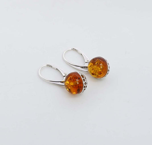 925 Solid Sterling Silver Natural Baltic Amber Russian Lock Earring -  3 Grams