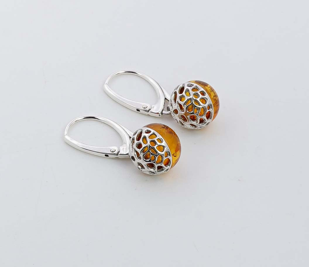 925 Solid Sterling Silver Natural Baltic Amber Russian Lock Earring -  3 Grams