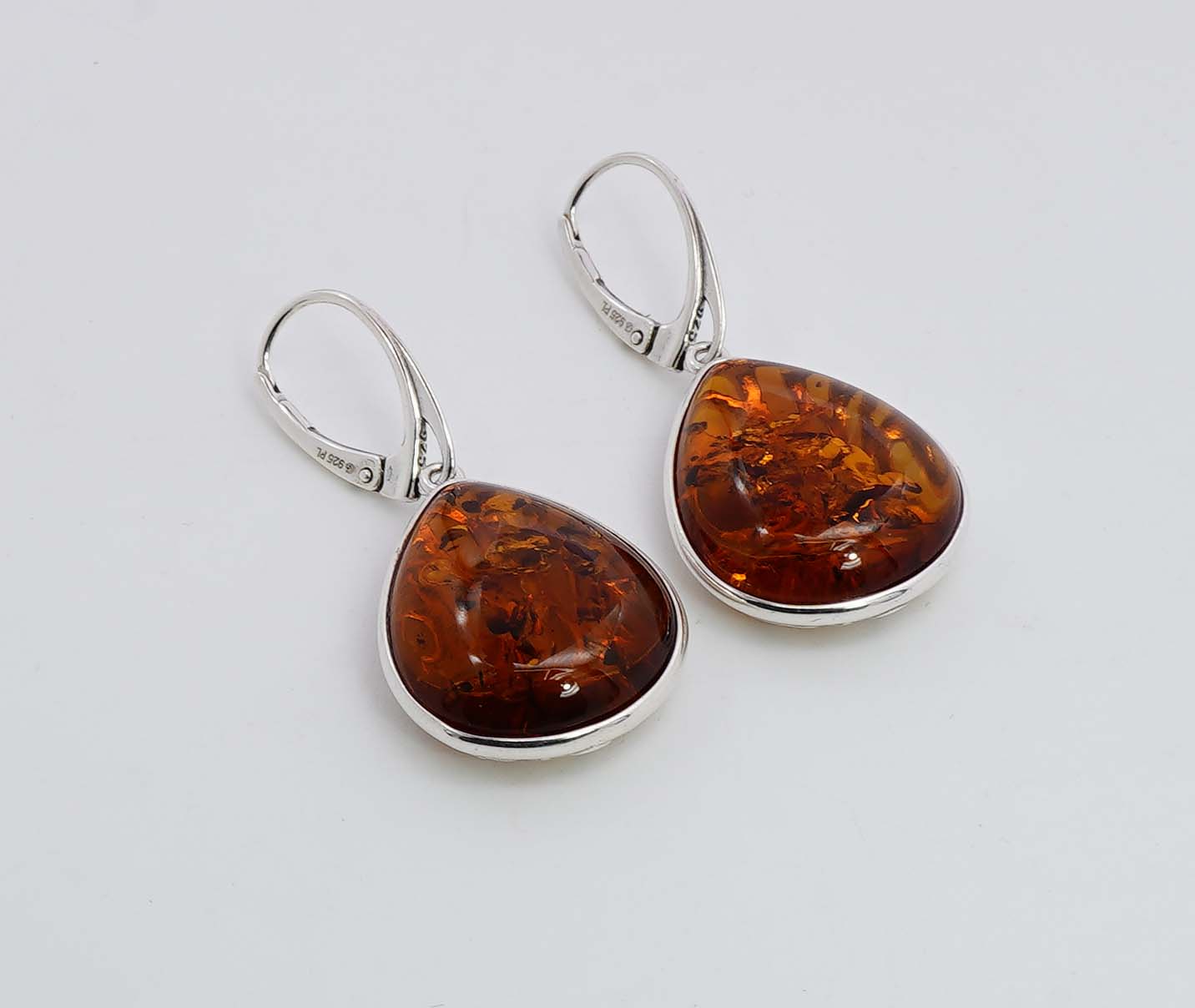 925 Solid Sterling Silver Natural Baltic Amber Russian Lock Earring - 8.2 Grams