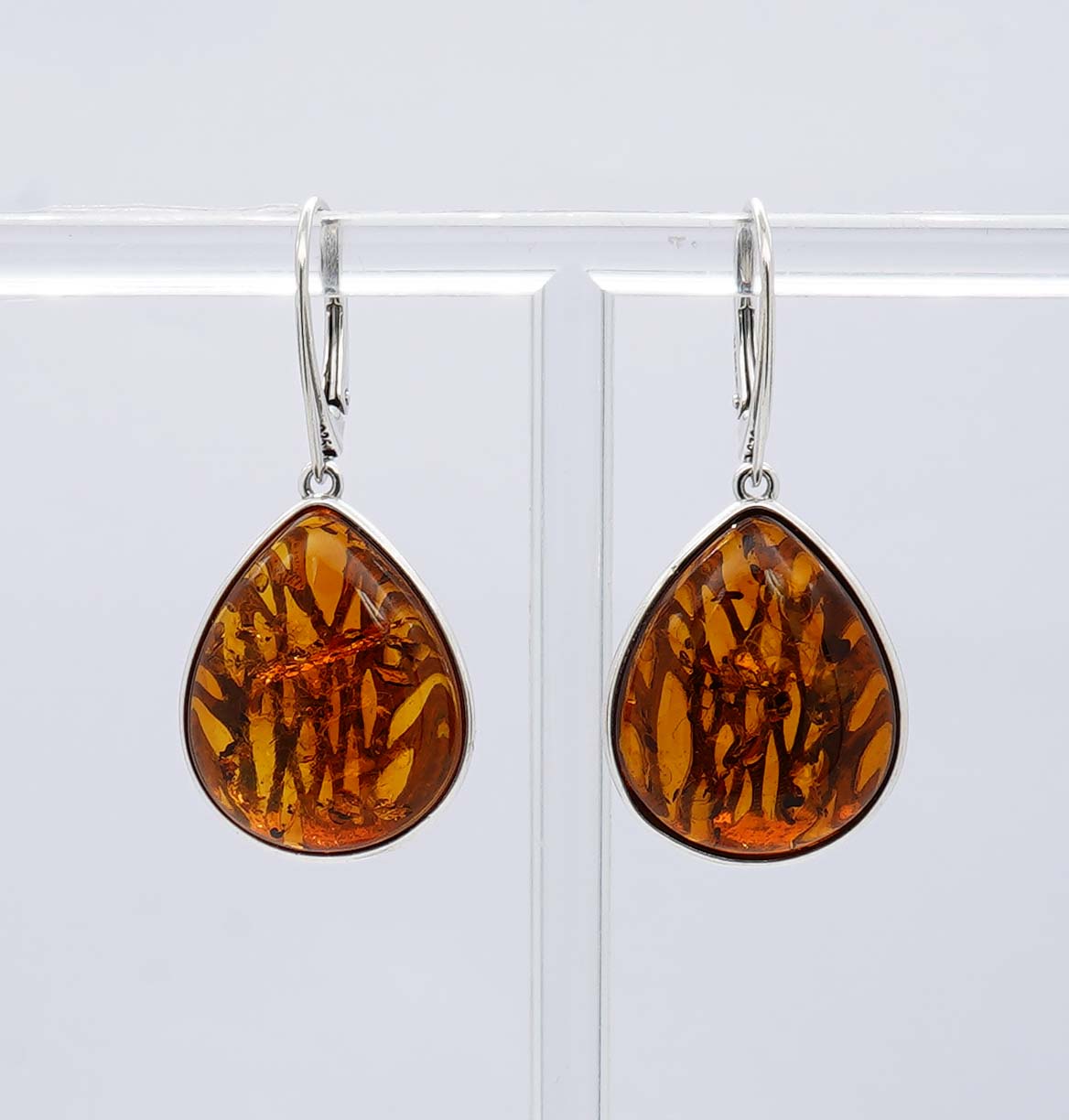 925 Solid Sterling Silver Natural Baltic Amber Russian Lock Earring - 8.2 Grams