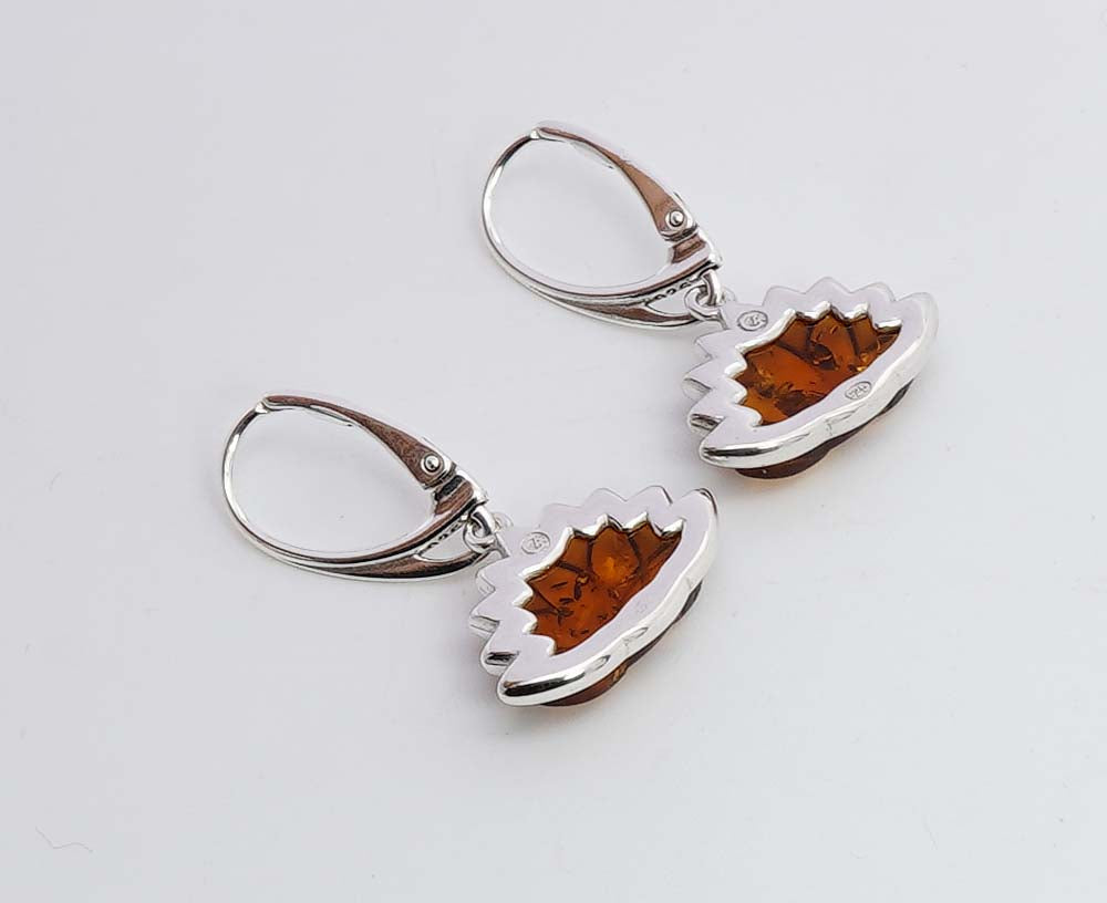 925 Solid Sterling Silver Natural Baltic Amber Russian Lock Earring - 4.2 Grams