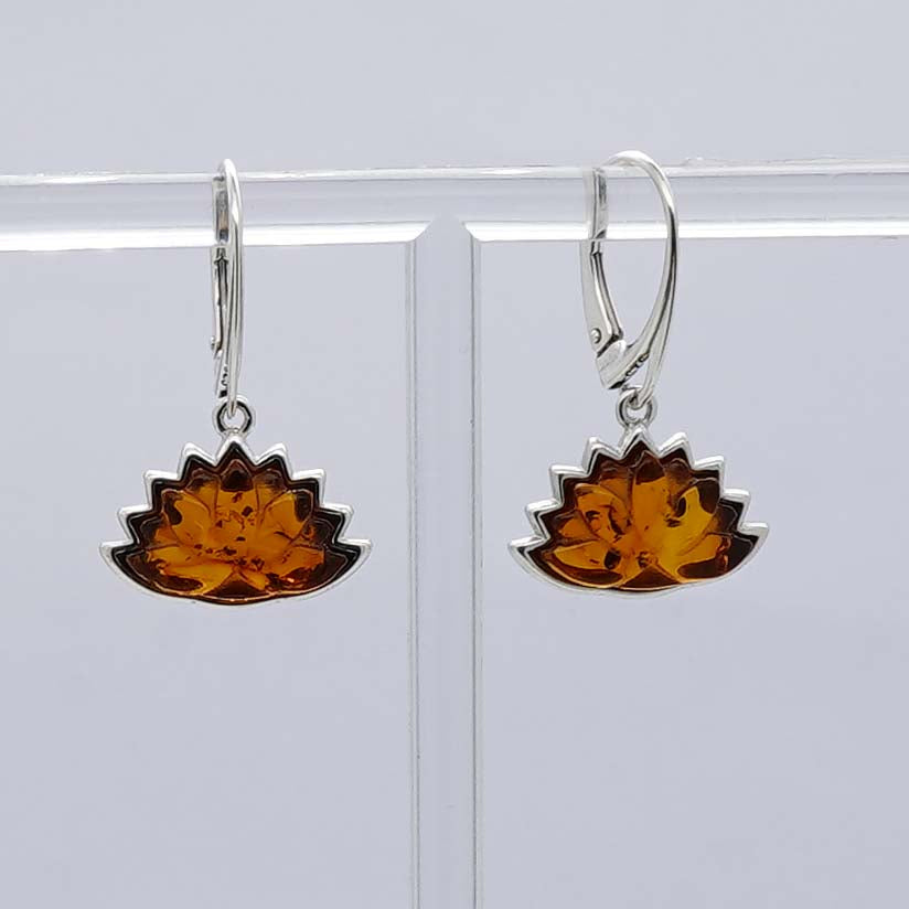 925 Solid Sterling Silver Natural Baltic Amber Russian Lock Earring - 4.2 Grams