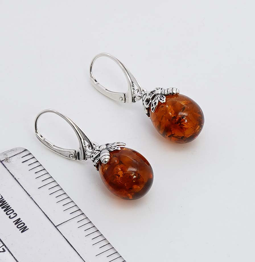 925 Solid Sterling Silver Natural Baltic Amber Russian Lock Earring - 5.2 Grams