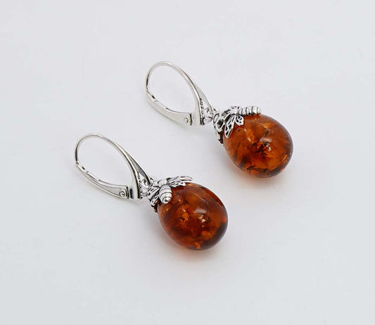 925 Solid Sterling Silver Natural Baltic Amber Russian Lock Earring - 5.2 Grams