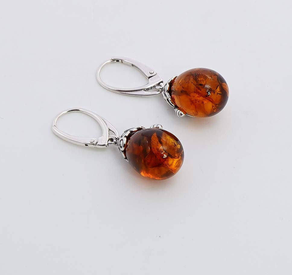 925 Solid Sterling Silver Natural Baltic Amber Russian Lock Earring - 5.2 Grams