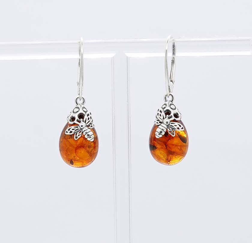 925 Solid Sterling Silver Natural Baltic Amber Russian Lock Earring - 5.2 Grams