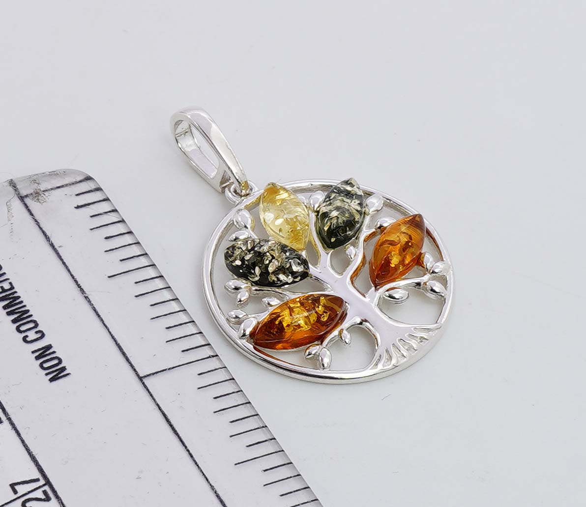 925 Solid Sterling Silver Natural Multi Baltic Amber Tree Of Life Pendant - 3.5 Grams