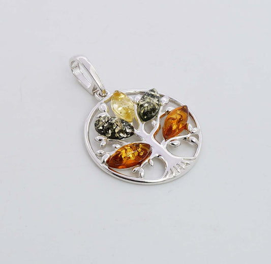 925 Solid Sterling Silver Natural Multi Baltic Amber Tree Of Life Pendant - 3.5 Grams