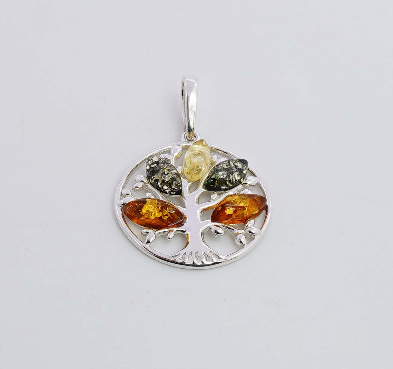 925 Solid Sterling Silver Natural Multi Baltic Amber Tree Of Life Pendant - 3.5 Grams