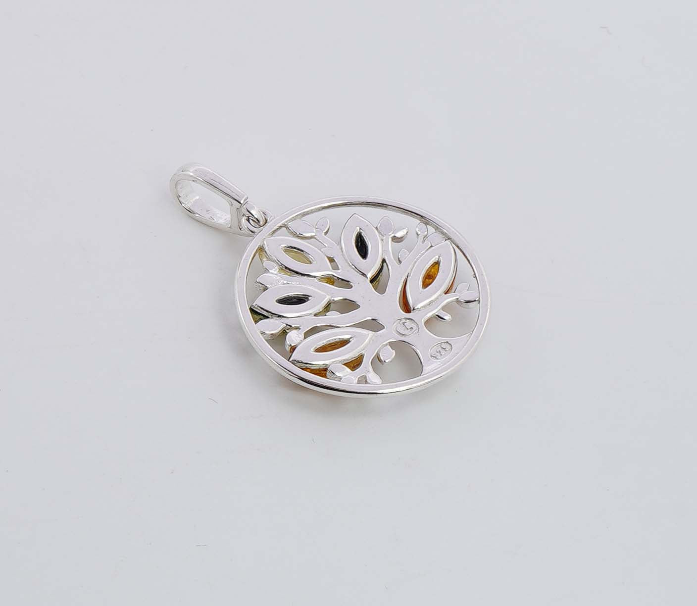 925 Solid Sterling Silver Natural Multi Baltic Amber Tree Of Life Pendant - 3.5 Grams