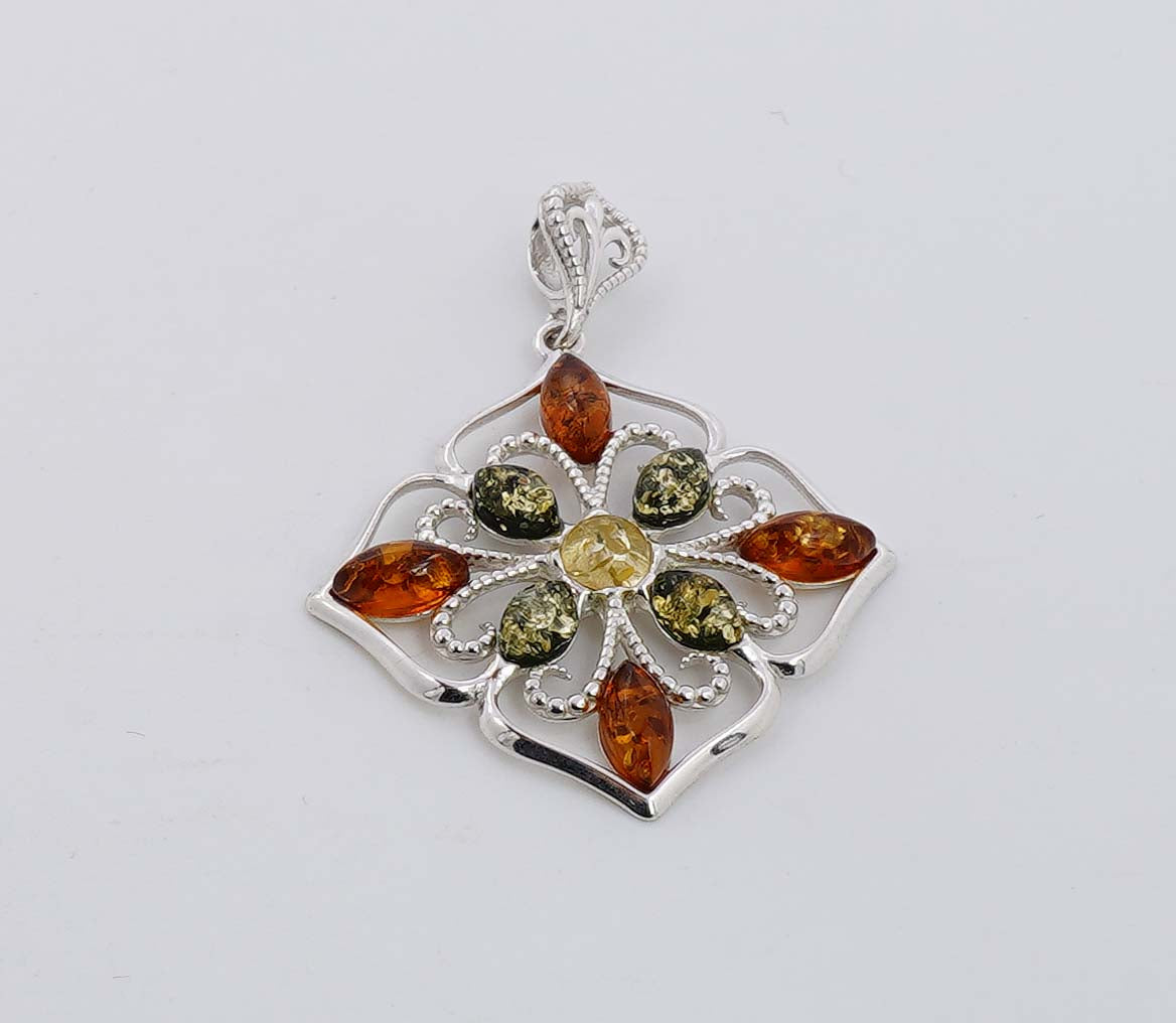 925 Solid Sterling Silver Natural Multi Baltic Amber Pendant - 4.6 Grams