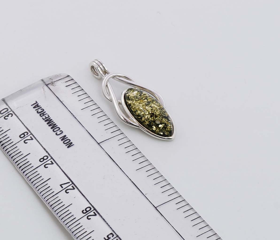 925 Solid Sterling Silver Natural Green Baltic Amber Pendant - 2.5 Grams