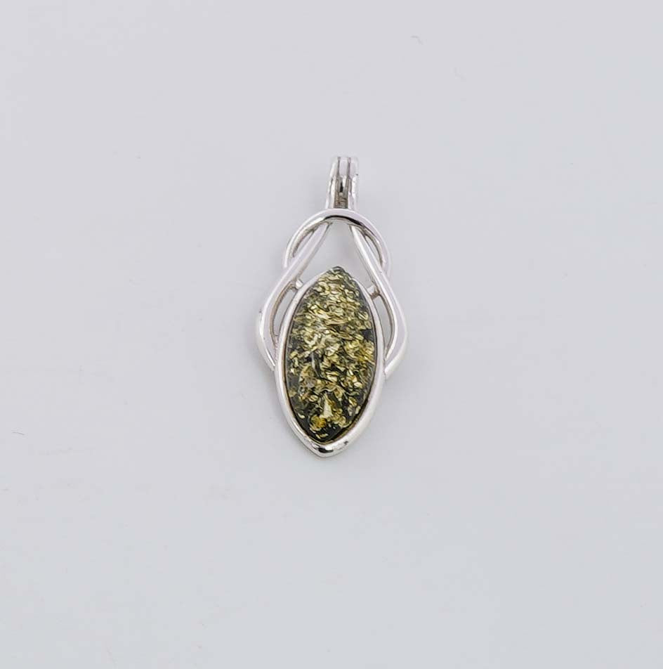 925 Solid Sterling Silver Natural Green Baltic Amber Pendant - 2.5 Grams