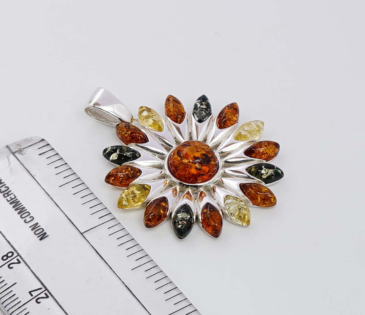 925 Solid Sterling Silver Natural Multi Baltic Amber Flower Pendant - 9.8 Grams