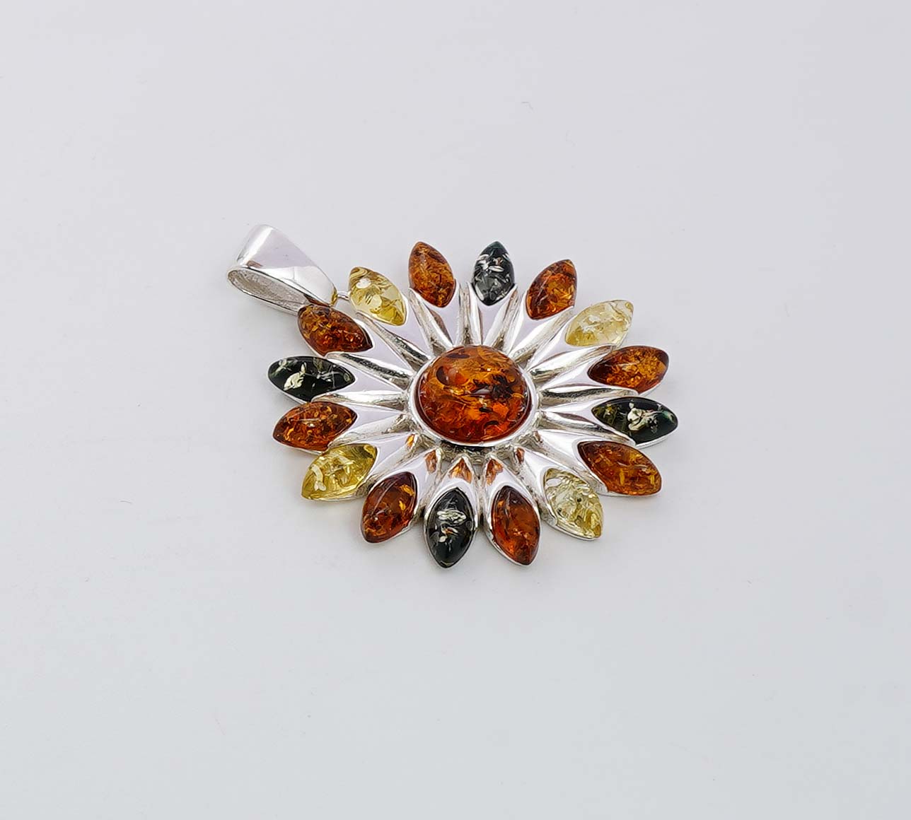 925 Solid Sterling Silver Natural Multi Baltic Amber Flower Pendant - 9.8 Grams