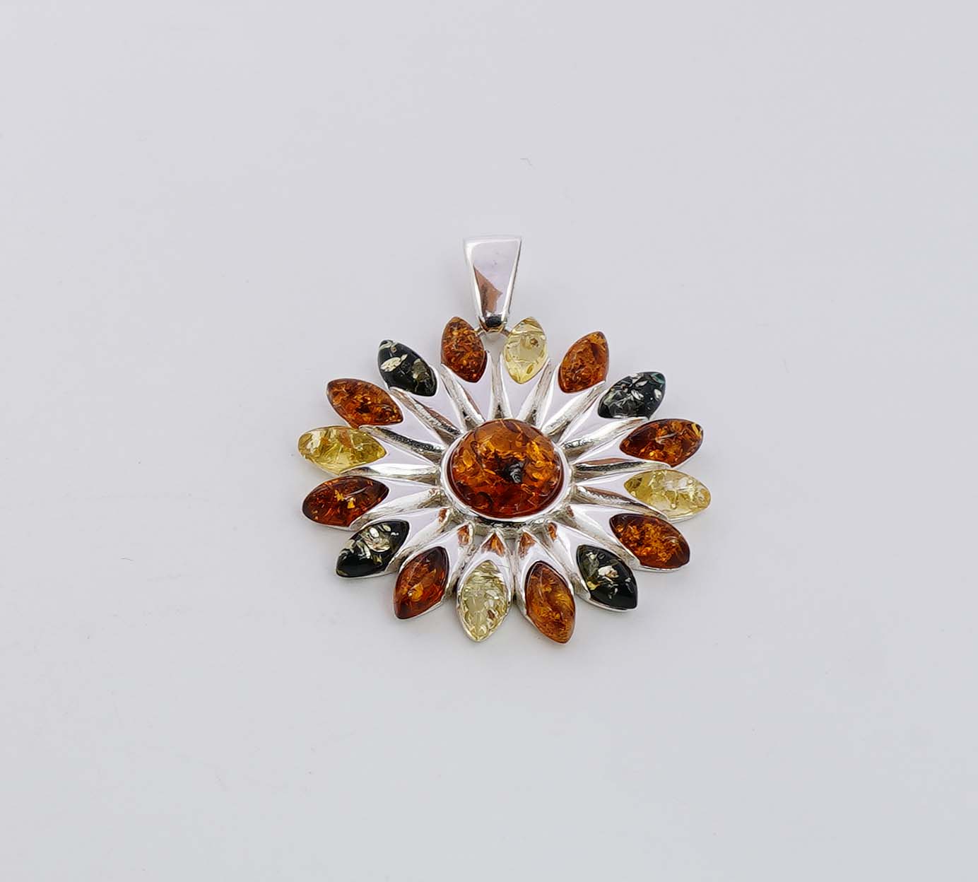 925 Solid Sterling Silver Natural Multi Baltic Amber Flower Pendant - 9.8 Grams