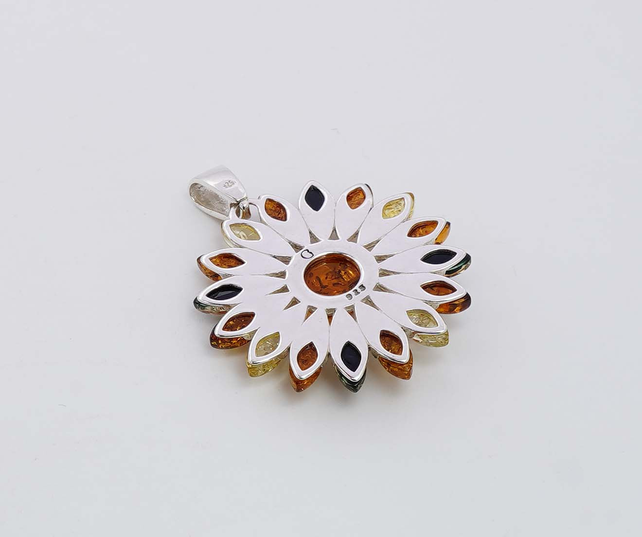 925 Solid Sterling Silver Natural Multi Baltic Amber Flower Pendant - 9.8 Grams