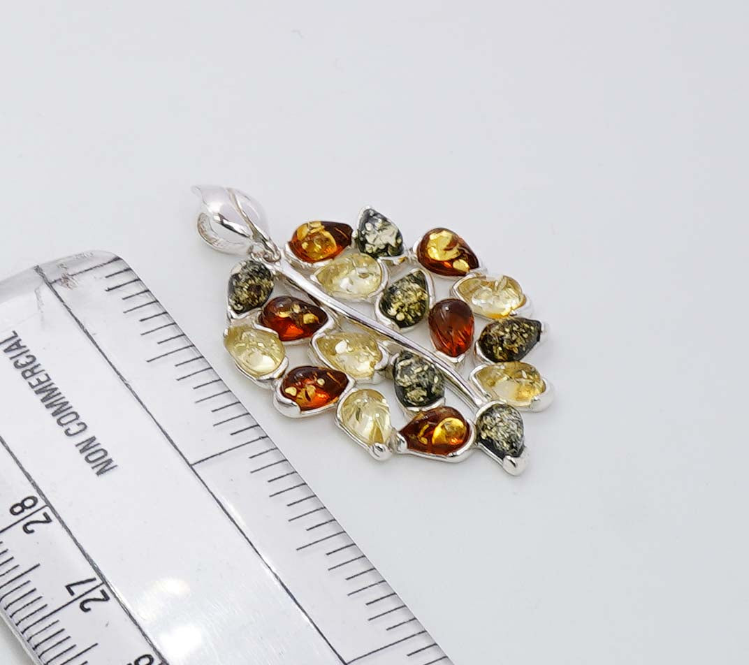 925 Solid Sterling Silver Natural Multi Baltic Amber Leaf Pendant - 5.5 Grams