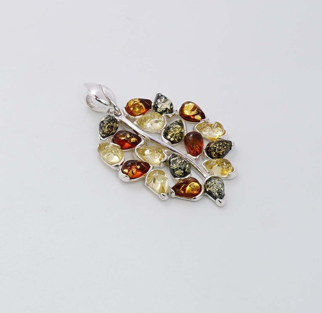 925 Solid Sterling Silver Natural Multi Baltic Amber Leaf Pendant - 5.5 Grams